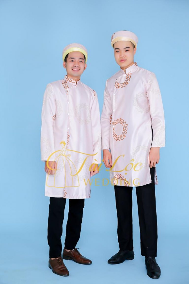 Áo Dài Cách Tân Bưng Quả Nam Nữ Màu Kem Nâu Tài Lộc Wedding