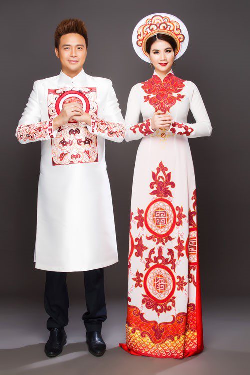 Áo dài cặp đôi kết hợp màu trắng đỏ