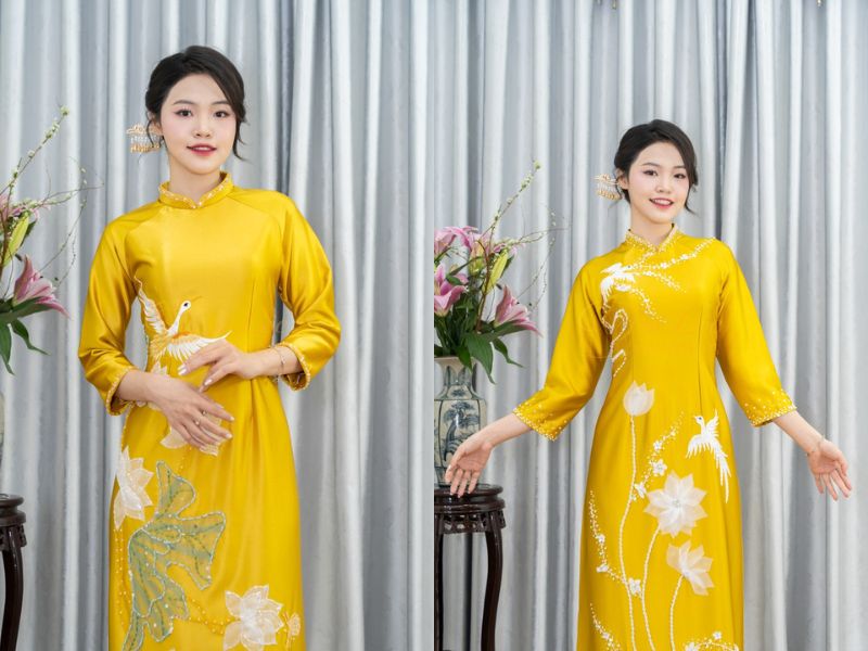 Áo Dài Bà Sui Màu Vàng Đính Đá Đẹp Áo Dài Bà Sui Màu Vàng Đính Đá Đẹp