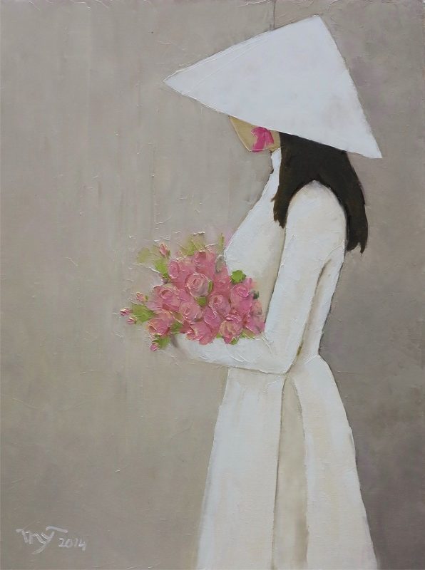 Top tranh vẽ cô giáo mặc áo dài truyền thống màu hồng bên lo hoa
