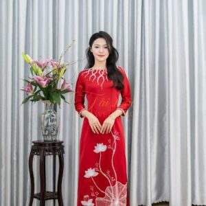 Áo Dài Ngồi Sui Đỏ Đô Lụa Đính Cườm Cổ Chéo Xl-CNBTĐ35