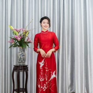 Áo Dài Bà Sui Đỏ Đô Lụa Hạc Trắng Đính Cườm Xl-CNBTĐ34