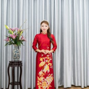 Áo Dài Bà Sui Đỏ Đô Ruby Hoa Mai Vàng Đính Đá L-CNBTĐ37