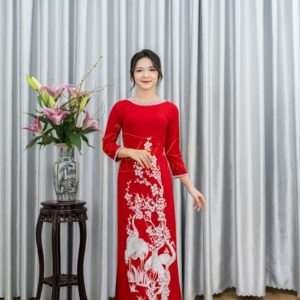 Áo Dài Bà Sui Đỏ Mango Hạc Trắng Thêu Xl-CNBTĐ46