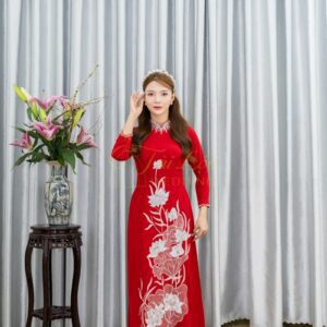 Áo Dài Bà Sui Đỏ Mango Sen Trắng Ép Đá 2xl-CNBTĐ49