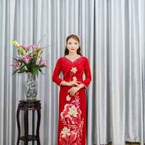 Áo Dài Sui Gia Đỏ Mango Sen Vàng Đính Đá L-CNBTĐ45