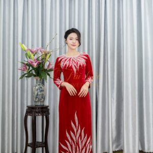 Áo Dài Ngồi Sui Đỏ Nhung Tà Lá Phong Cườm Trắng 2xl-CNBTĐN50