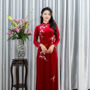 Áo Dài Ngồi Sui Đỏ Nhung Thêu Hoa Trắng Cườm Đỏ M-CNBTĐN44