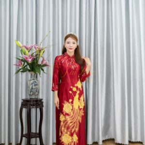 Áo Dài Bà Sui Đỏ Rượu Ruby Chim Công Thêu Vàng 2xl-CNBTĐ40