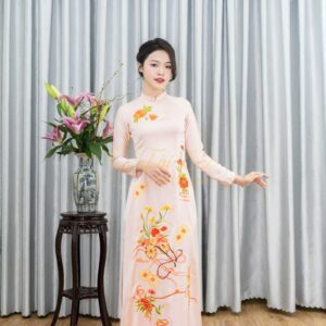 Áo Dài Chị Sui Hồng Da Lụa Sen Đồng Tiền Thêu M-CNBTHD15
