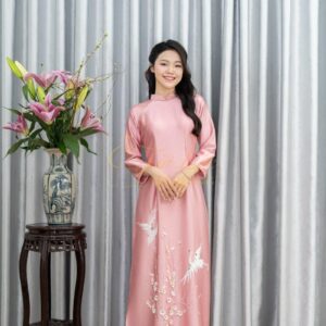 Áo Dài Chị Sui Hồng Ruby Hạc Đính Cườm Trắng Xl-CNBTH12