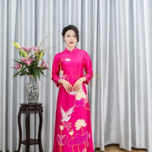 Áo Dài Chị Sui Hồng Sen Ruby Hạc Trắng Thêu Cườm Trắng 3xl-CNBTHS9