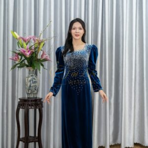 Áo Dài Sui Gia Xanh Coban Nhung Cổ Vuông Đính Đá Tay Phồng L-CNBTXN51