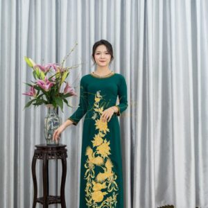 Áo Dài Bà Sui Xanh Lá Mango Hoa Đính Đá Vàng L-CNBTXL28