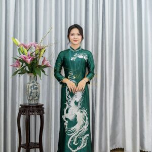 Áo Dài Sui Gia Xanh Lá Ruby Chim Công Ép Đá Trắng L-CNBTXL30