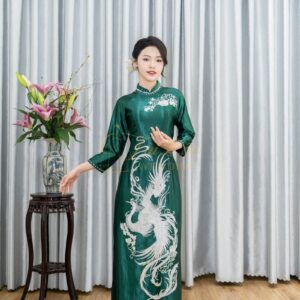Áo Dài Bà Sui Xanh Lá Ruby Chim Công Ép Đá Trắng Xl-CNBTXL31