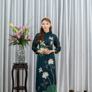 Áo Dài Sui Gia Xanh Rêu Lụa Hạc Đính Cườm Trắng 3xl-CNBTXR33