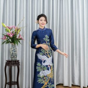 Áo Dài Sui Gia Xanh Than Ruby Hạc Ép Cườm Trắng Xl-CNBTXT6