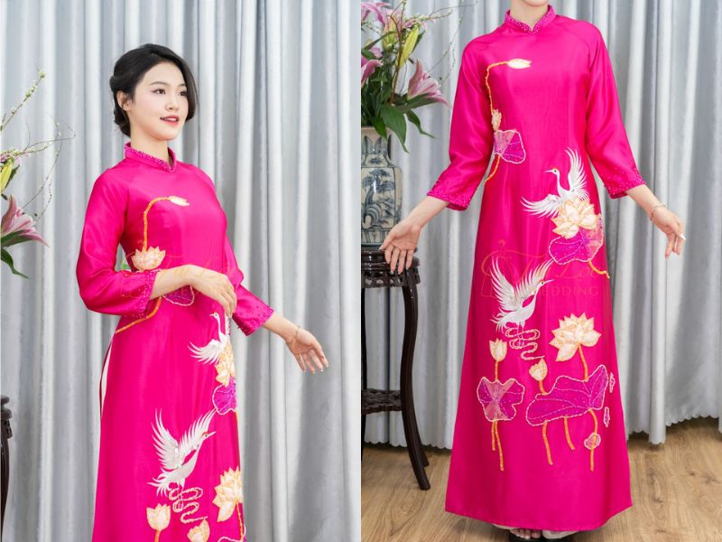 Bà Chị Sui Hồng Sen Ruby Hạc Trắng Thêu Cườm Trắng Bà Chị Sui Hồng Sen Ruby Hạc Trắng Thêu Cườm Trắng