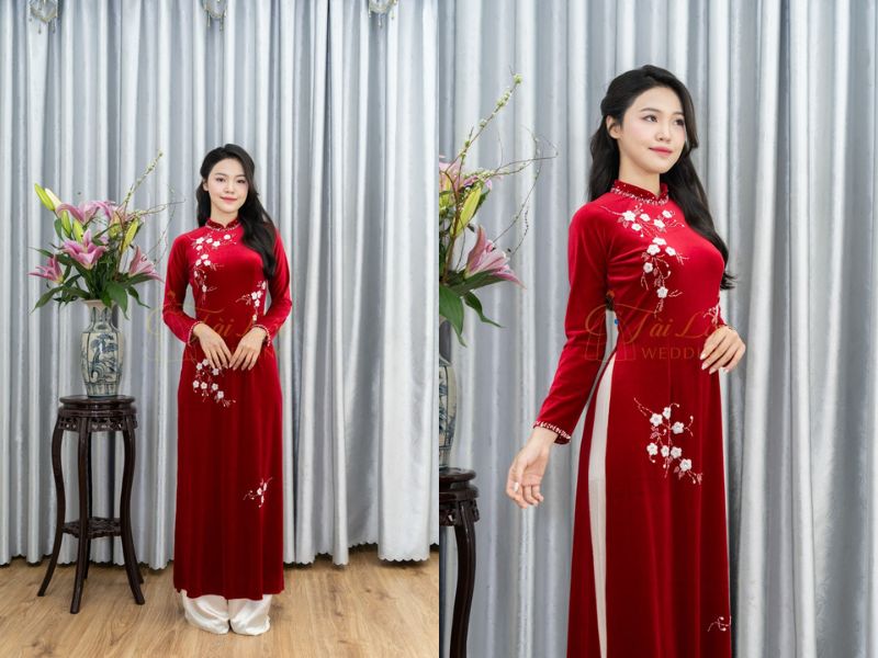 Bà Sui Đỏ Nhung Thêu Hoa Trắng Cườm Đỏ Bà Sui Đỏ Nhung Thêu Hoa Trắng Cườm Đỏ