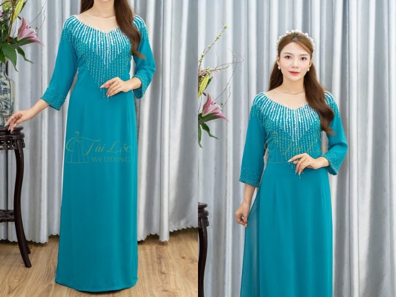 Bà Sui Xanh Ngọc Lụa Chiffon Ren Đính Cườm Cổ 4 Tà Bà Sui Xanh Ngọc Lụa Chiffon Ren Đính Cườm Cổ 4 Tà