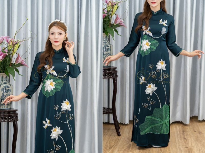 Bà Sui Xanh Rêu Lụa Hạc Đính Cườm Trắng Bà Sui Xanh Rêu Lụa Hạc Đính Cườm Trắng
