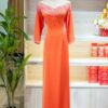 Áo Dài Ngồi Sui Cam Lụa Lụa Mỹ 4 Tà Ren Kết Cườm Cổ Hoa Mai 3XL-CL94