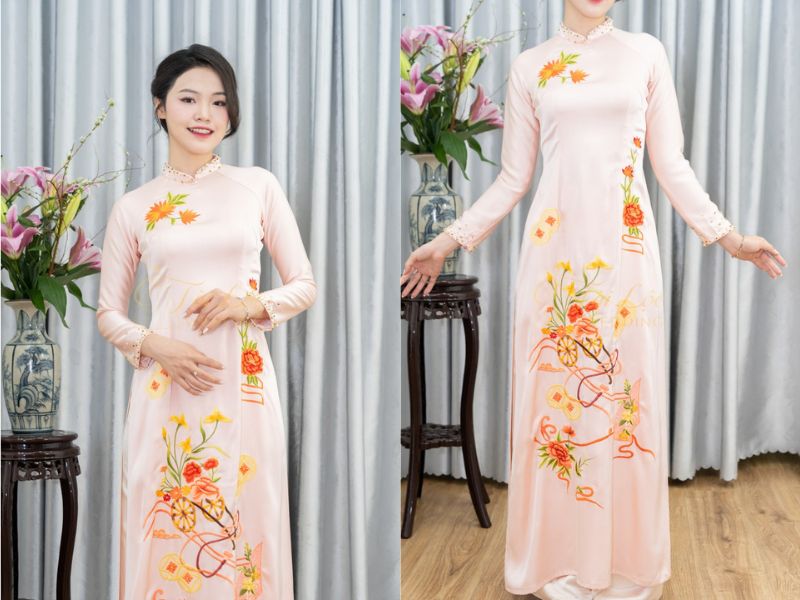 Hồng Da Lụa Sen Đồng Tiền Thêu Hồng Da Lụa Sen Đồng Tiền Thêu