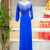 Áo Dài Sui Gia Xanh Dương Lụa Mỹ 4 Tà Ren Kết Cườm Cổ Hoa Mai 2XL-XD95